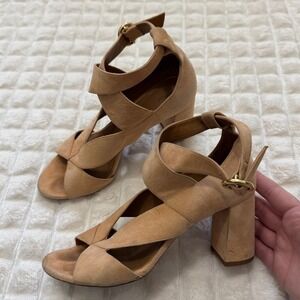 Chloe 36.5 Peach Neutral Graphic Leaves High Block Heel Open Toe Sandals US 6.5